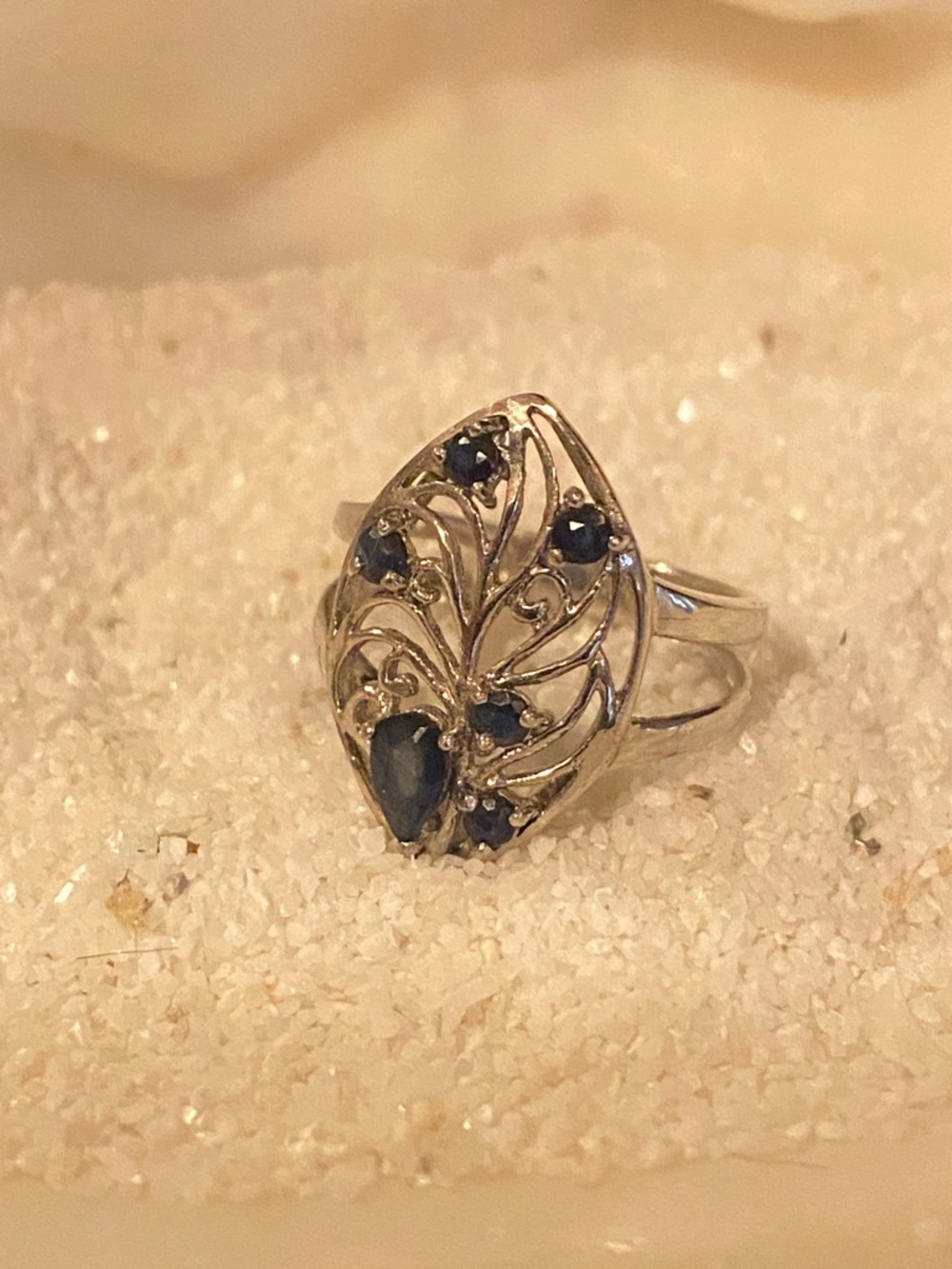 Sterling Silver Filigree Sapphire Stone Teardrop Ring 6